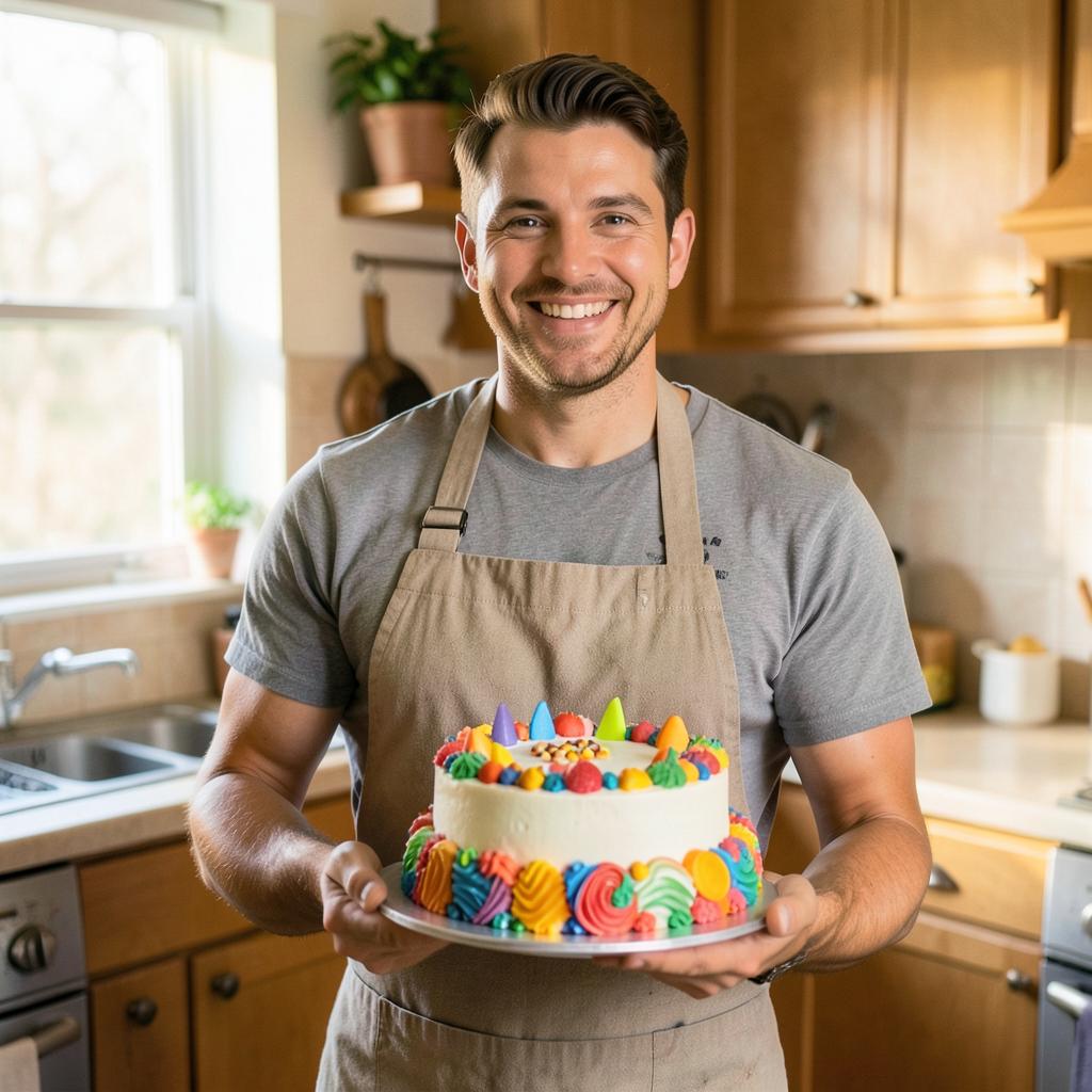 Ben Terry, owner of Ben Terry Bakes Ltd, holding a colourful cake