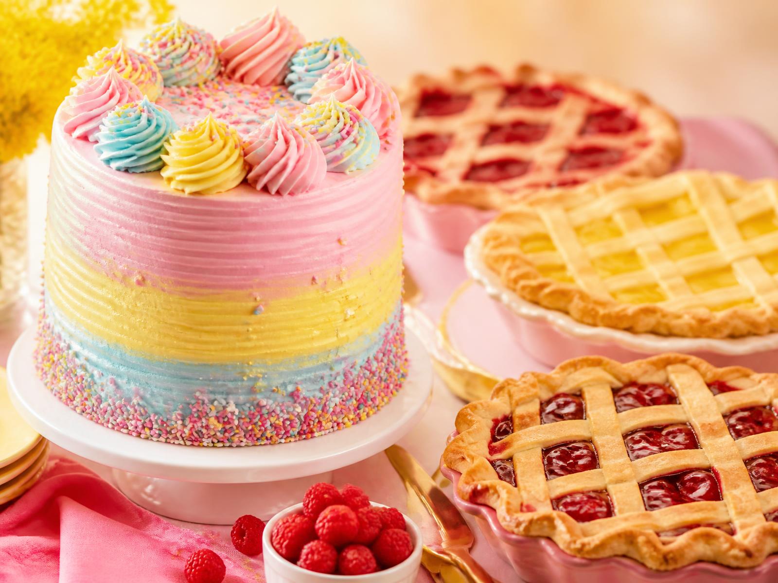 A decorated pastel buttercream celebration cake alongside golden lattice sweet pies